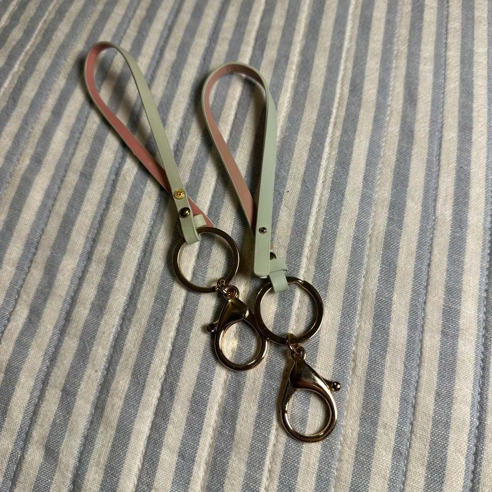 Set of 2 Mint Green and Pink Faux Leather Wristlet Keychains Gold Tone Hardware‎